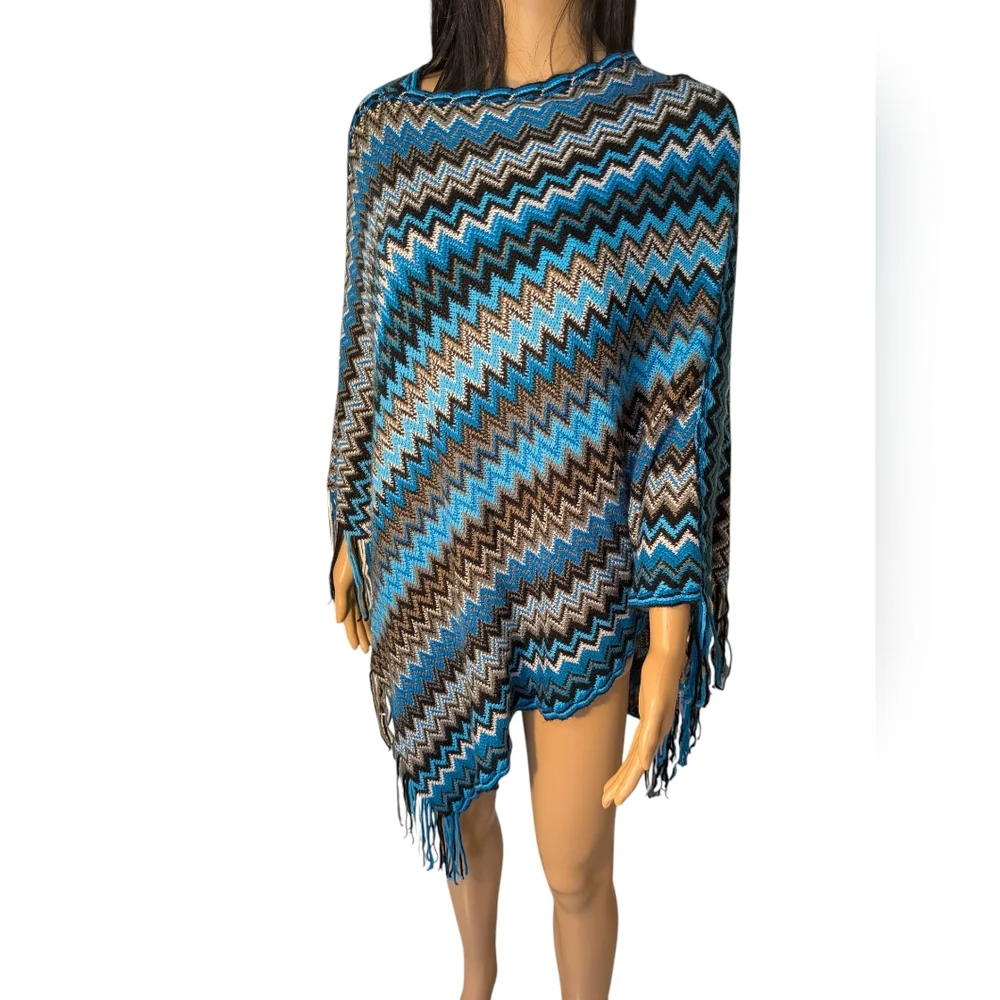 Loose Knit Poncho Sweater Turquoise & Black With Fringes